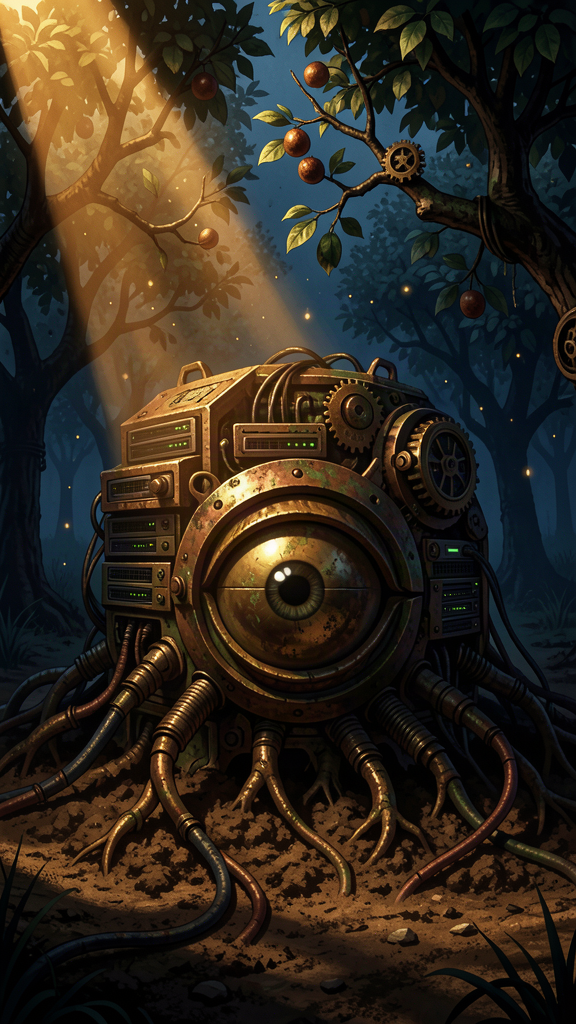Buried sleeping machine eye beneath an orchard in dramatic steampunk light