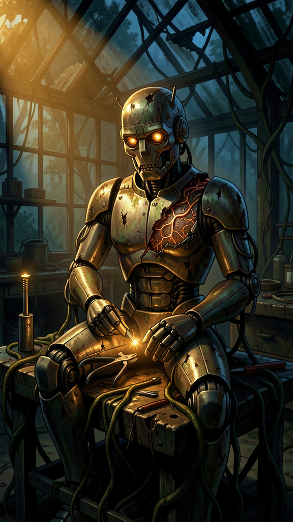 Damaged brass robot being repaired in a dark steampunk workshop